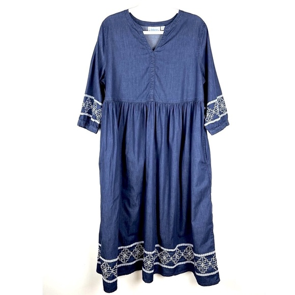National | Prairie Vintage Style Embroidered Chambray Midi Dress | M - Picture 1 of 10